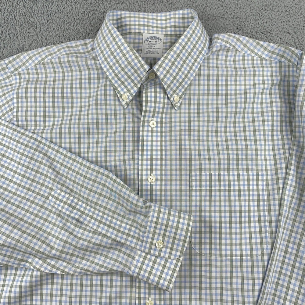 Brooks Brothers Shirt Mens 16.5 32 Blue Green Plaid Regent Non-Iron Supima Dress